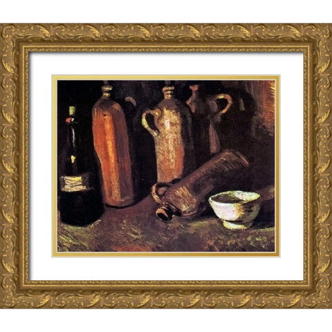 Four Stone Bottles Flask Gold Ornate Wood Framed Art Print with Double Matting by Van Gogh, Vincent