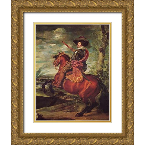 Equestrian Portrait Of The Count Duke Of Olivares Gold Ornate Wood Framed Art Print with Double Matting by Velazquez, Diego