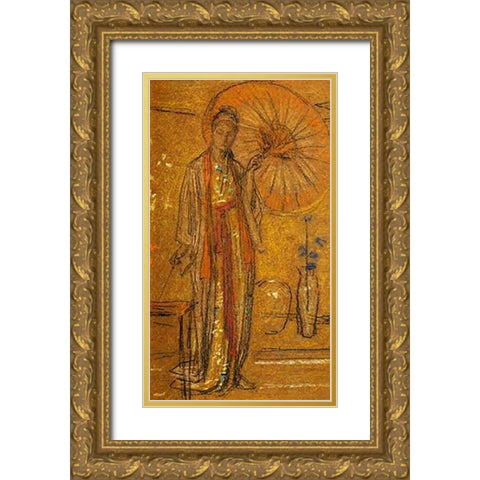 A Japanese Woman Painting 1872 Gold Ornate Wood Framed Art Print with Double Matting by Whistler, James McNeill