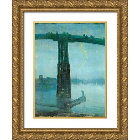 Old Battersea Bridge Gold Ornate Wood Framed Art Print with Double Matting by Whistler, James McNeill