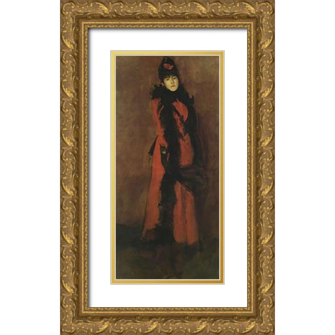 Red And Black The Fan 1891 Gold Ornate Wood Framed Art Print with Double Matting by Whistler, James McNeill