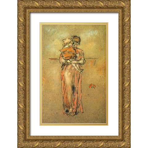 Rose And Red Little Pink Cap 1889 Gold Ornate Wood Framed Art Print with Double Matting by Whistler, James McNeill