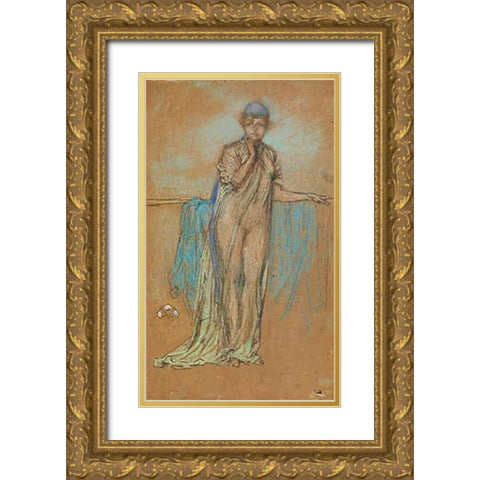 The Purple Cap A Note In Green And Violet 1870s Gold Ornate Wood Framed Art Print with Double Matting by Whistler, James McNeill