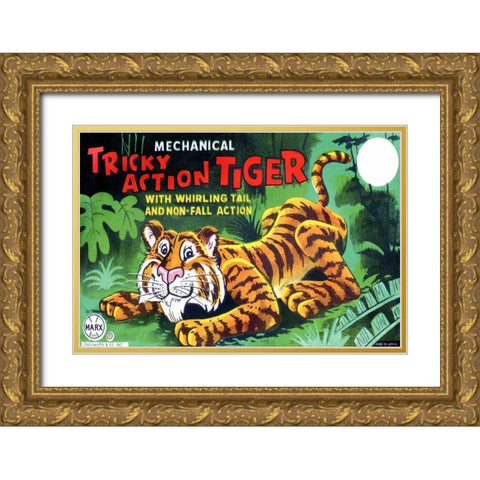 Tricky Action Tiger Gold Ornate Wood Framed Art Print with Double Matting by Retrobot