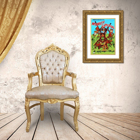 Mechanical Monkey Carousal Gold Ornate Wood Framed Art Print with Double Matting by Retrobot