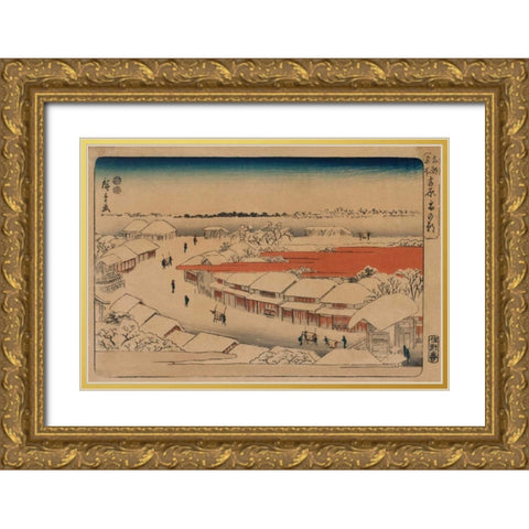 Morning snow at Yoshiwara Gold Ornate Wood Framed Art Print with Double Matting by Hiroshige, Ando
