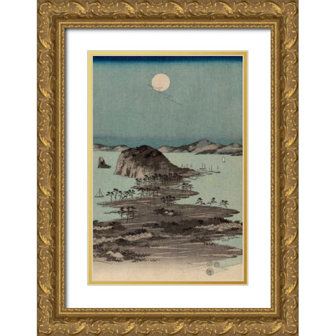 Evening view of the eight famous sites at Kanazawa in Musashi Province #2 Gold Ornate Wood Framed Art Print with Double Matting by Hiroshige, Ando