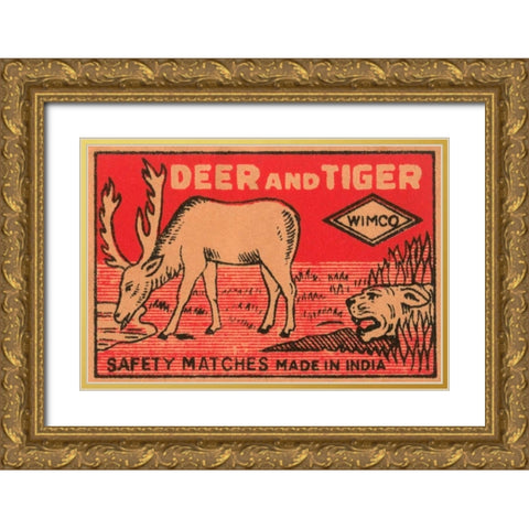Deer and Tiger Safety Matches Gold Ornate Wood Framed Art Print with Double Matting by Phillumenart