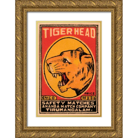 Tiger Head Safety Matches Gold Ornate Wood Framed Art Print with Double Matting by Phillumenart