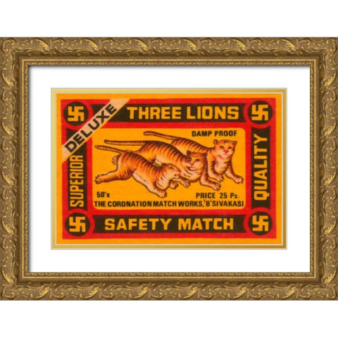 Three Lions Safety Match Gold Ornate Wood Framed Art Print with Double Matting by Phillumenart