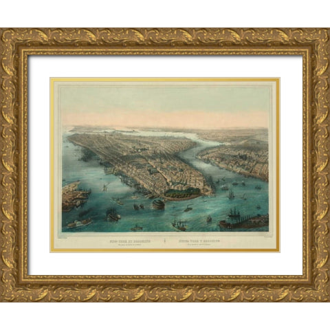 Birds-eye view of Manhattan, New York Gold Ornate Wood Framed Art Print with Double Matting by Unknown