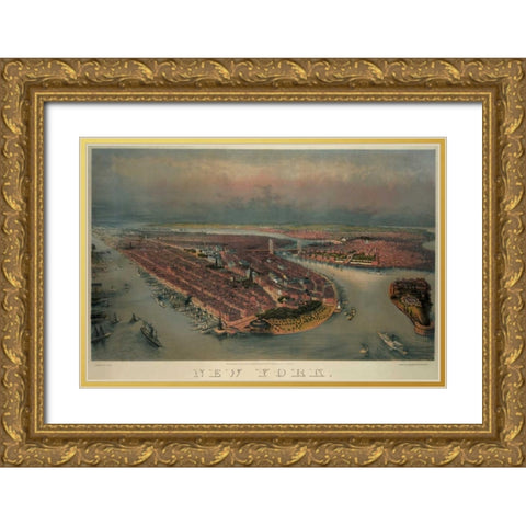 Birds-eye view of Manhattan, New York Gold Ornate Wood Framed Art Print with Double Matting by Unknown