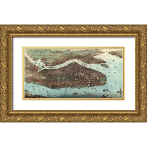 Birds-eye view of Manhattan, New York Gold Ornate Wood Framed Art Print with Double Matting by Unknown