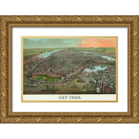Birds-eye view of Manhattan, New York Gold Ornate Wood Framed Art Print with Double Matting by Unknown