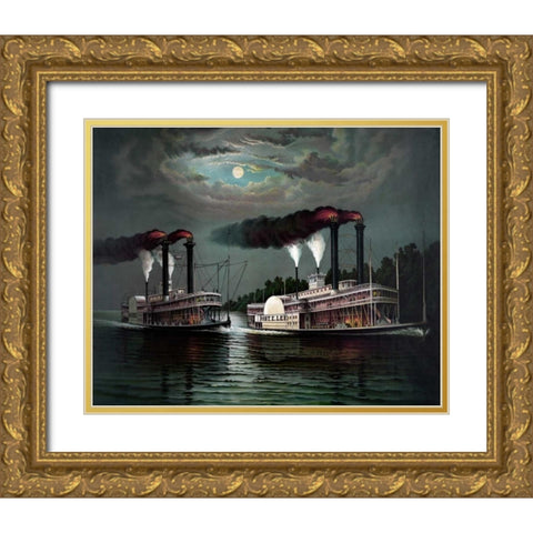 Race of the steamers Robert. E. Lee and Natchez on the Mississippi Gold Ornate Wood Framed Art Print with Double Matting by Donaldosn
