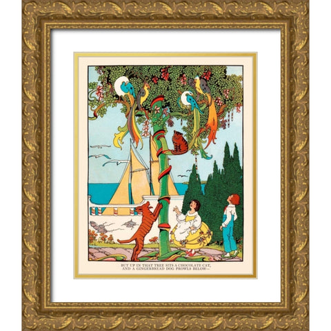 Gingerbread dog chases the Cat and Birds Gold Ornate Wood Framed Art Print with Double Matting by Field, Eugene