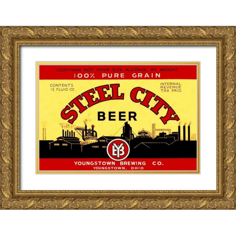 Steel City Beer Gold Ornate Wood Framed Art Print with Double Matting by Vintage Booze Labels