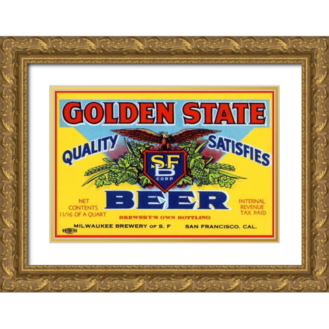 Golden State Beer Gold Ornate Wood Framed Art Print with Double Matting by Vintage Booze Labels