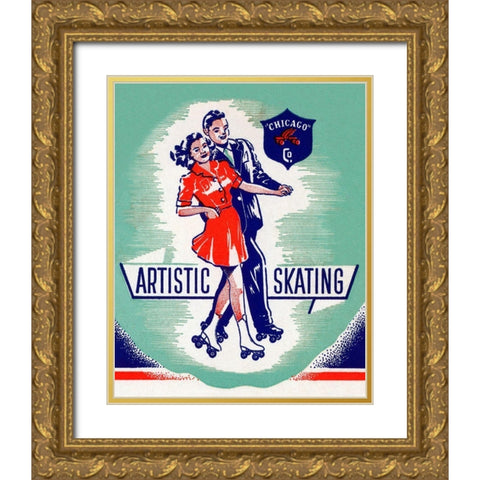 Artistic Skating Duo Gold Ornate Wood Framed Art Print with Double Matting by Retrorollers