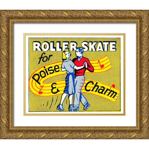 Roller Skate for Poise and Charm Gold Ornate Wood Framed Art Print with Double Matting by Retrorollers
