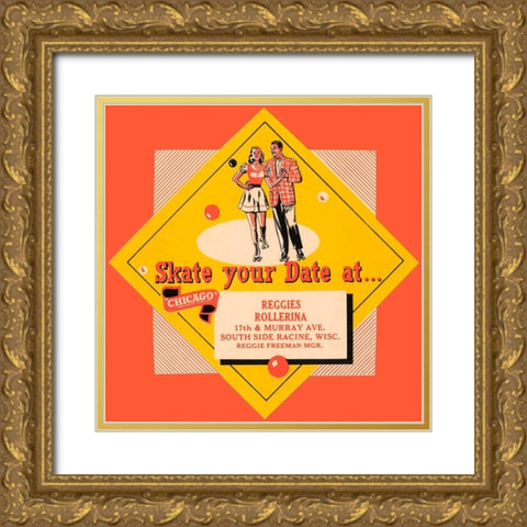 Skate Your Date Gold Ornate Wood Framed Art Print with Double Matting by Retrorollers