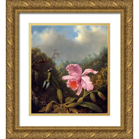 Fighting Hummingbirds With Pink Orchid Gold Ornate Wood Framed Art Print with Double Matting by Heade, Martin Johnson