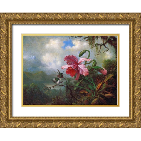 Orchid And Hummingbirds Near A Mountain Lake Gold Ornate Wood Framed Art Print with Double Matting by Heade, Martin Johnson