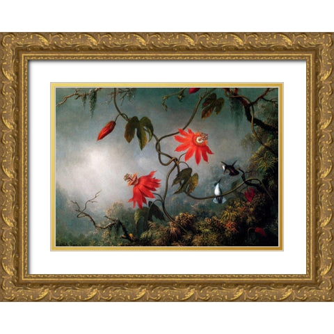 Passion Flowers And Hummingbirds Gold Ornate Wood Framed Art Print with Double Matting by Heade, Martin Johnson