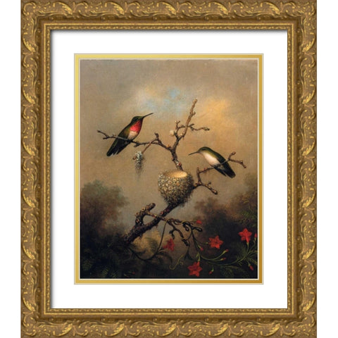 Ruby Throated Hummingbird Gold Ornate Wood Framed Art Print with Double Matting by Heade, Martin Johnson