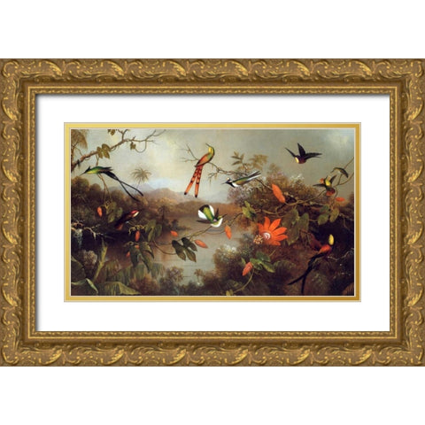 Tropical Landscape With Ten Hummingbirds Gold Ornate Wood Framed Art Print with Double Matting by Heade, Martin Johnson