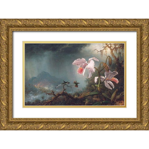 Two Fighting Hummingbirds With Two Orchids Gold Ornate Wood Framed Art Print with Double Matting by Heade, Martin Johnson