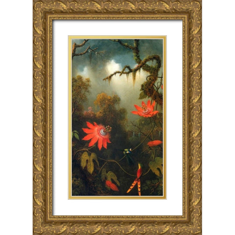 Two Hummingbirds Perched On Passion Flower Vines Gold Ornate Wood Framed Art Print with Double Matting by Heade, Martin Johnson