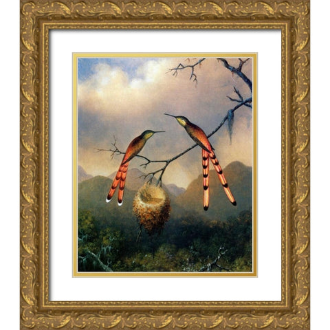 Two Hummingbirds With Their Young Gold Ornate Wood Framed Art Print with Double Matting by Heade, Martin Johnson