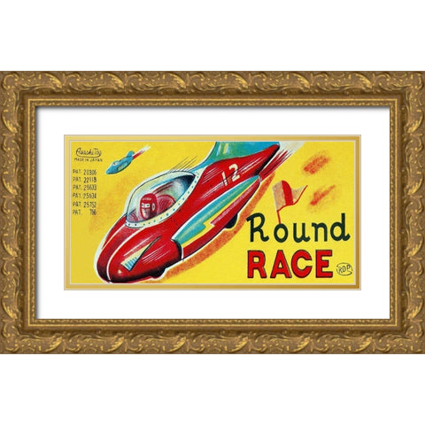 Round Race Rocket Car Gold Ornate Wood Framed Art Print with Double Matting by Retrotrans