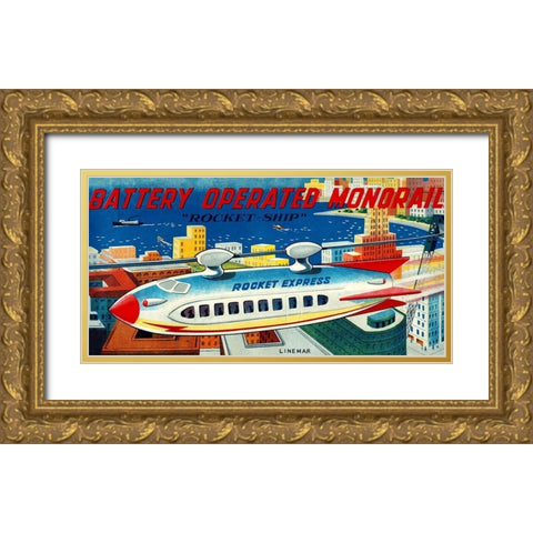 Battery Operated Monorail - Rocket Ship Gold Ornate Wood Framed Art Print with Double Matting by Retrorocket