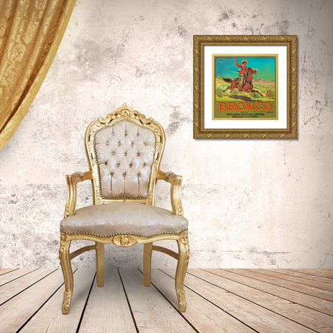 Bronco Brand Crate Label Gold Ornate Wood Framed Art Print with Double Matting by Retrolabel