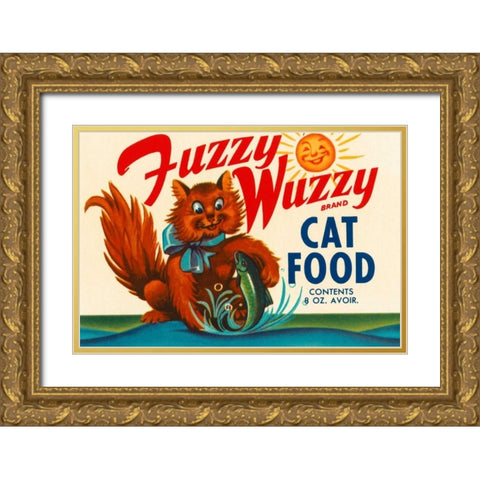 Fuzzy Wuzzy Brand Cat Food Gold Ornate Wood Framed Art Print with Double Matting by Retrolabel