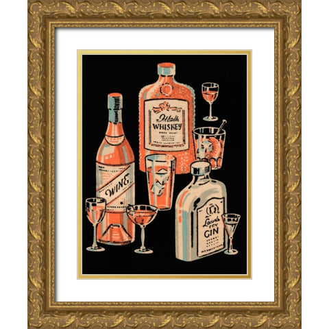 Whiskey, Wine and Gin Gold Ornate Wood Framed Art Print with Double Matting by Vintage Booze Labels