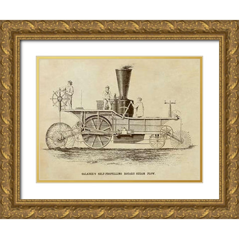 Saladees Self-Propelling Rotary Steam Plow Gold Ornate Wood Framed Art Print with Double Matting by Inventions