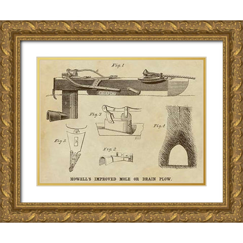 Howells Improved Mole or Drain Plow Gold Ornate Wood Framed Art Print with Double Matting by Inventions