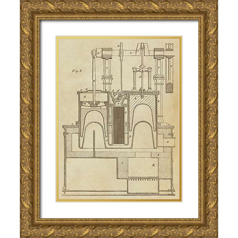 Steam Power Piston Chamber Cutaway Gold Ornate Wood Framed Art Print with Double Matting by Inventions