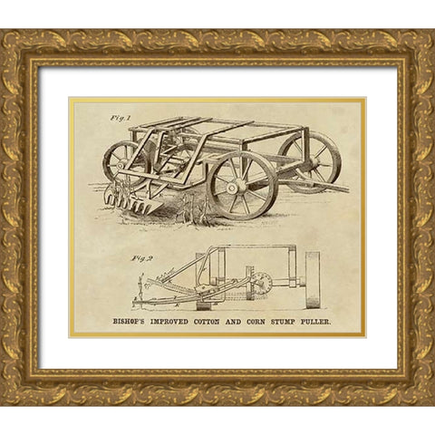 Bishops Improved Cotton and Corn Stump Puller Gold Ornate Wood Framed Art Print with Double Matting by Inventions