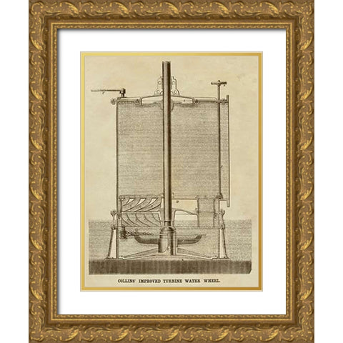 Collins Improved Turbine Water Wheel Gold Ornate Wood Framed Art Print with Double Matting by Inventions