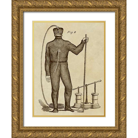 Diving Gear with Suit and Air Pump Gold Ornate Wood Framed Art Print with Double Matting by Inventions