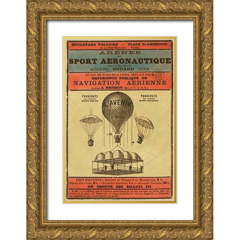 Broadside Announcement of a Balloon Ascension Gold Ornate Wood Framed Art Print with Double Matting by Inventions