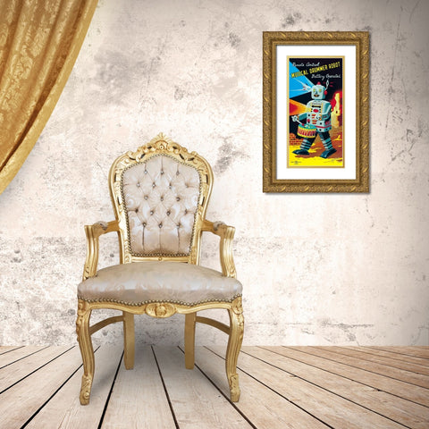 Musical Drummer Robot Gold Ornate Wood Framed Art Print with Double Matting by Retrobot