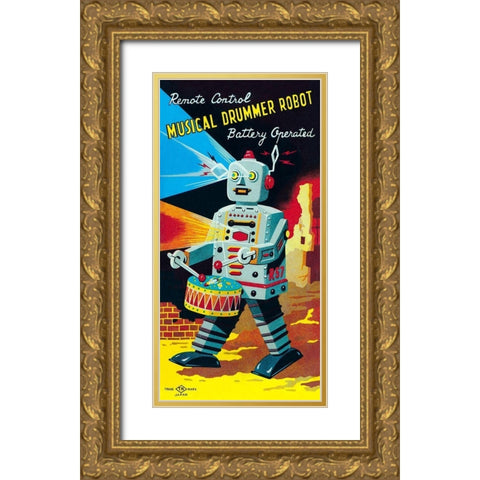 Musical Drummer Robot Gold Ornate Wood Framed Art Print with Double Matting by Retrobot