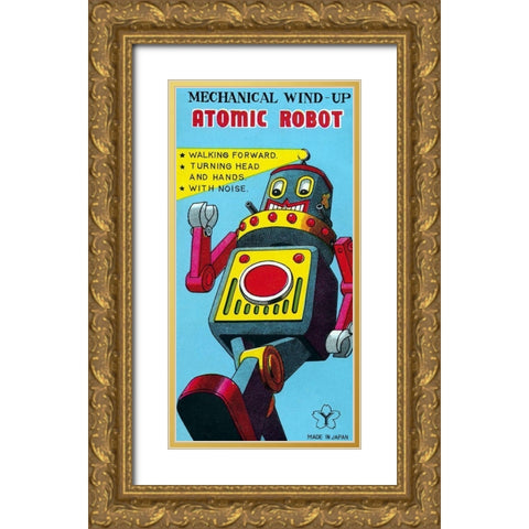 Mechanical Wind-Up Atomic Robot Gold Ornate Wood Framed Art Print with Double Matting by Retrobot