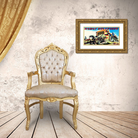 Robot Bulldozer Gold Ornate Wood Framed Art Print with Double Matting by Retrobot
