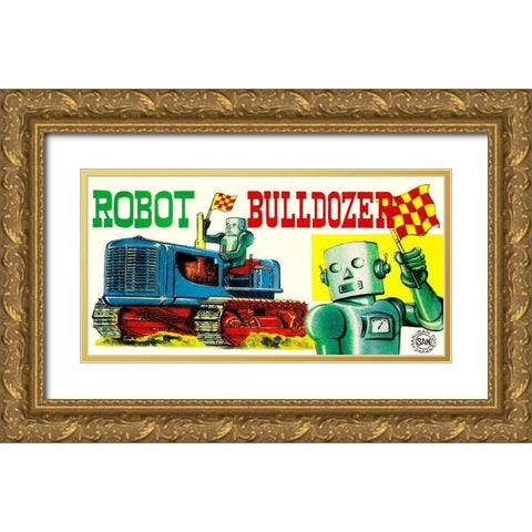Robot Bulldozer Gold Ornate Wood Framed Art Print with Double Matting by Retrobot